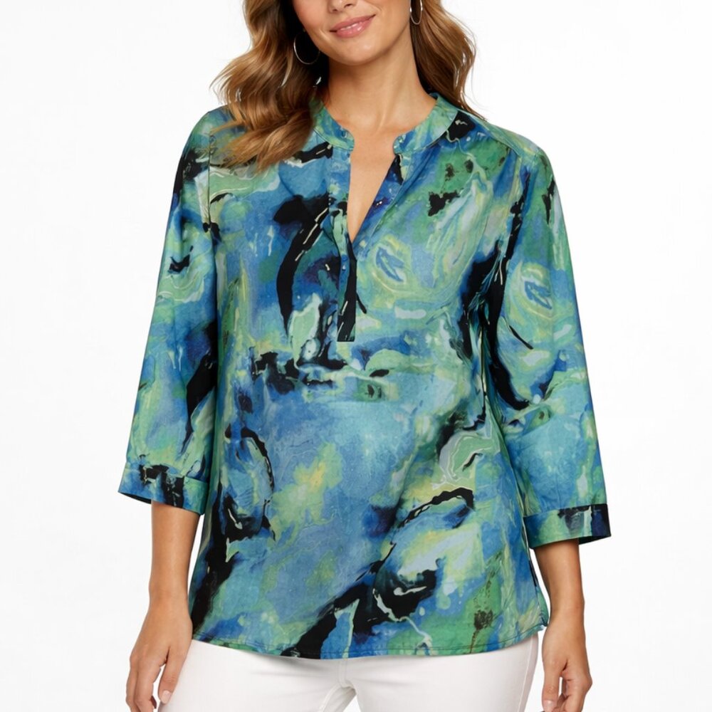 Chico's ABSTRACT WATERCOLOR TUNIC BLOUSE Blue Green Black OFFICE Women's XL